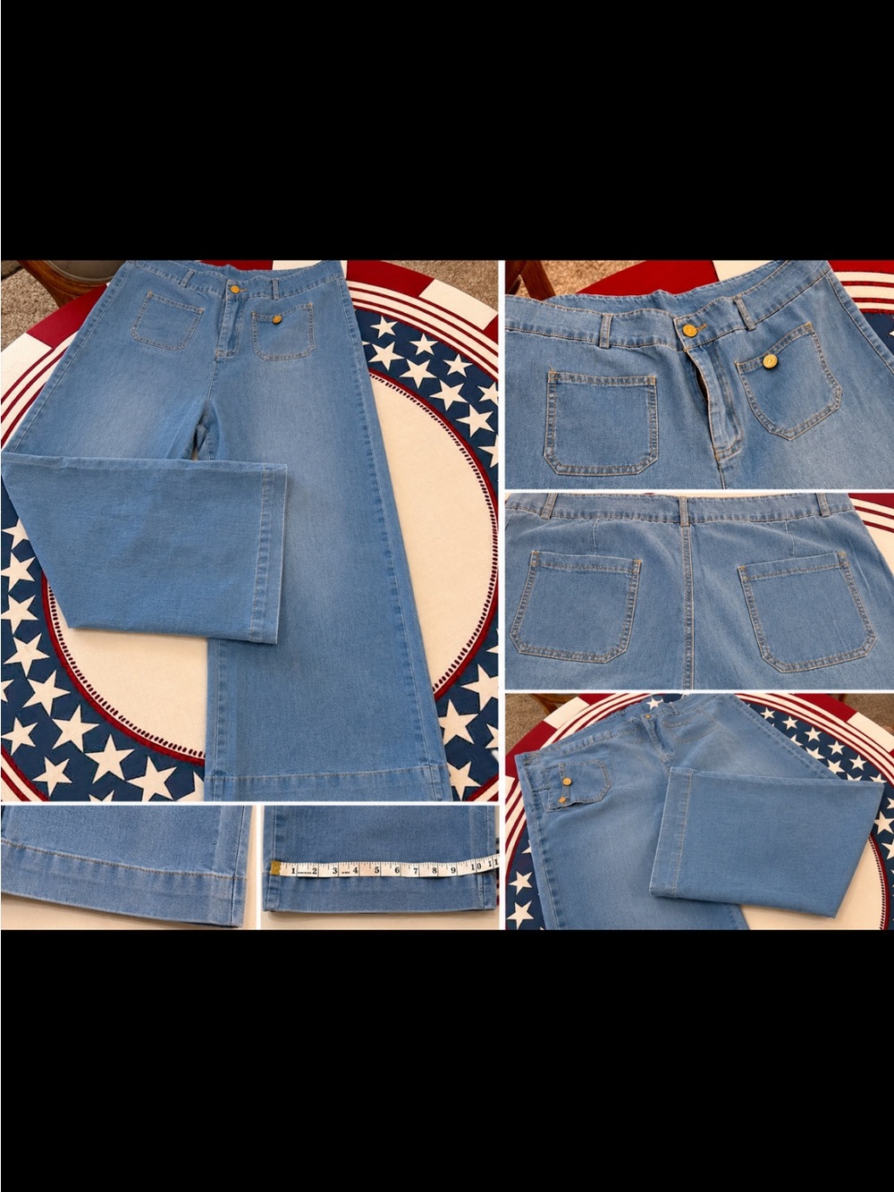 Light Wash Wide Leg Jeans with Button Detail— Women.   Size 14